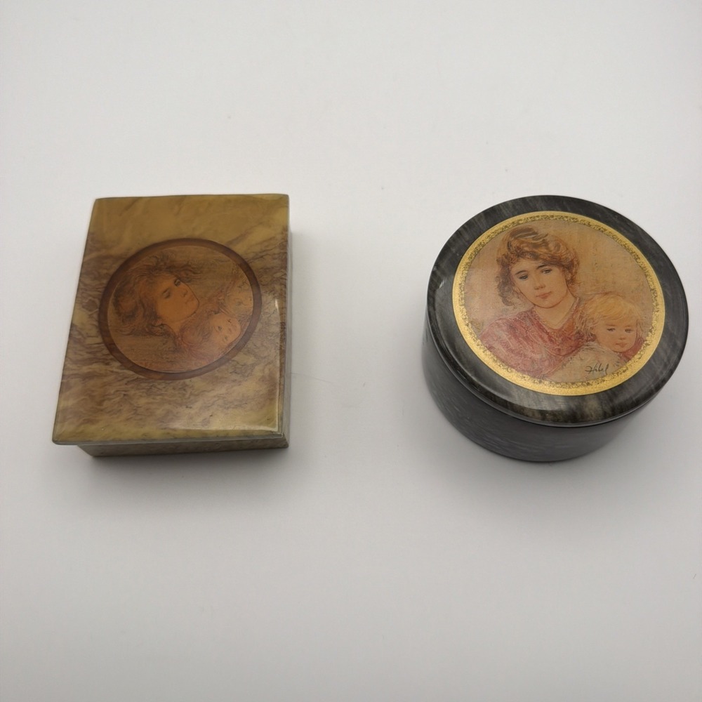 Edna Hibel Signed Trinket Boxes Set 2 Marble Resin Mother Child